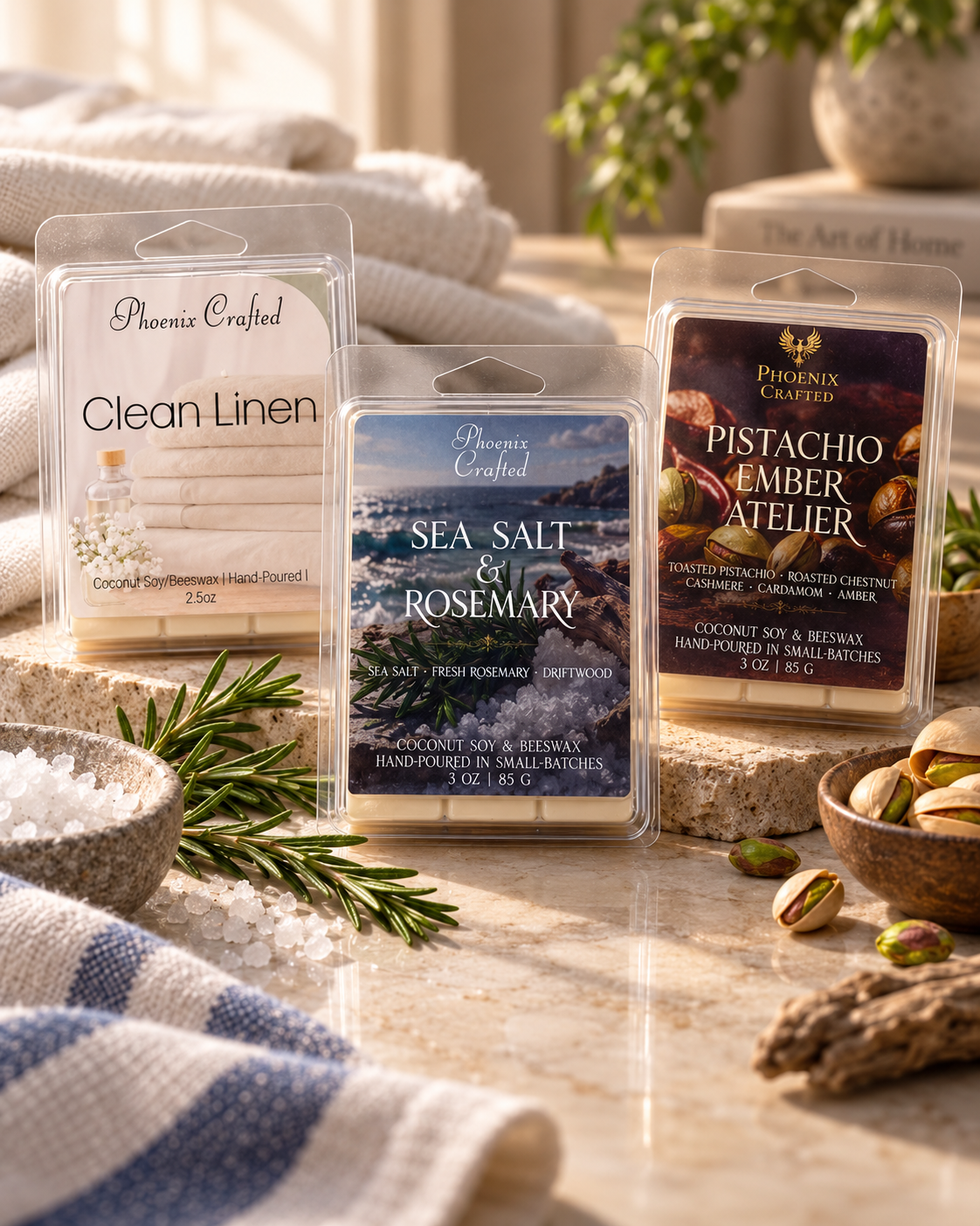 Best of Phoenix wax melt trio with Clean Linen, Sea Salt & Rosemary, and Pistachio Ember Atelier.