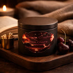 Black Cherry Cashmere Candle in a black jar on a wooden tray with cherries, book, and cozy fabric.