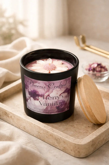 Black matte jar with pink wax topped by a white daisy flower and visible wick, labeled Phoenix Crafted Cherry Vanilla.