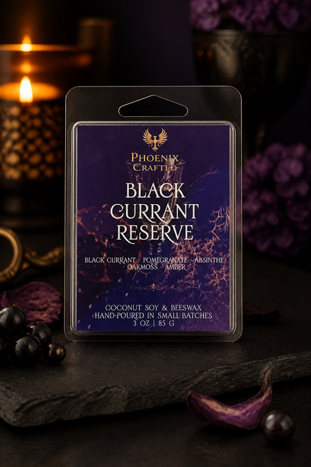 Black Currant Reserve wax melts in Phoenix Crafted clamshell packaging.