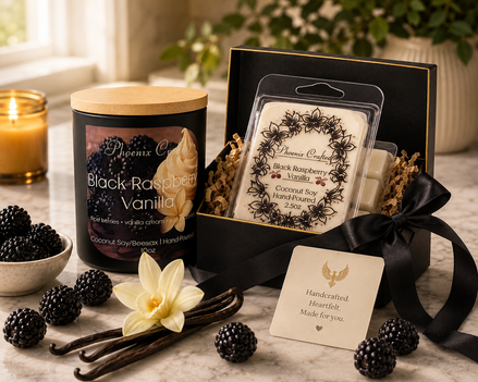 Black Raspberry Vanilla candle and matching wax melts arranged together as a coordinated Phoenix Crafted gift set.