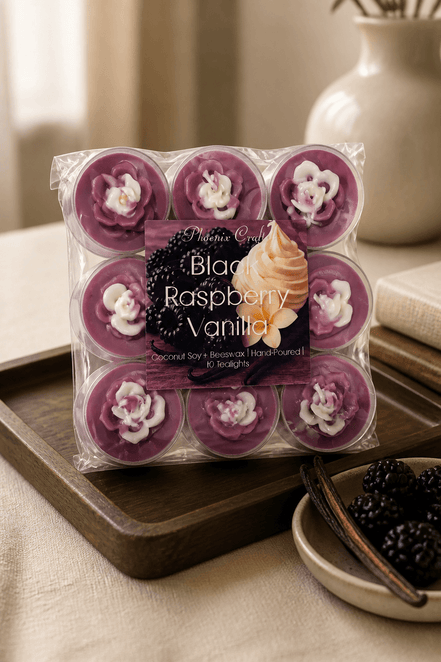 Black Raspberry Vanilla Tealights in a decorative pack, perfect for creating a cozy ambiance with fruity sweetness.