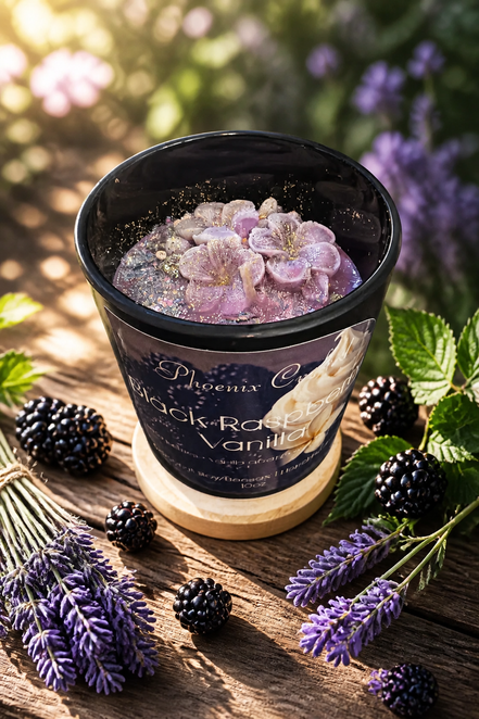 Black Raspberry Vanilla candle displayed with berry-inspired styling.