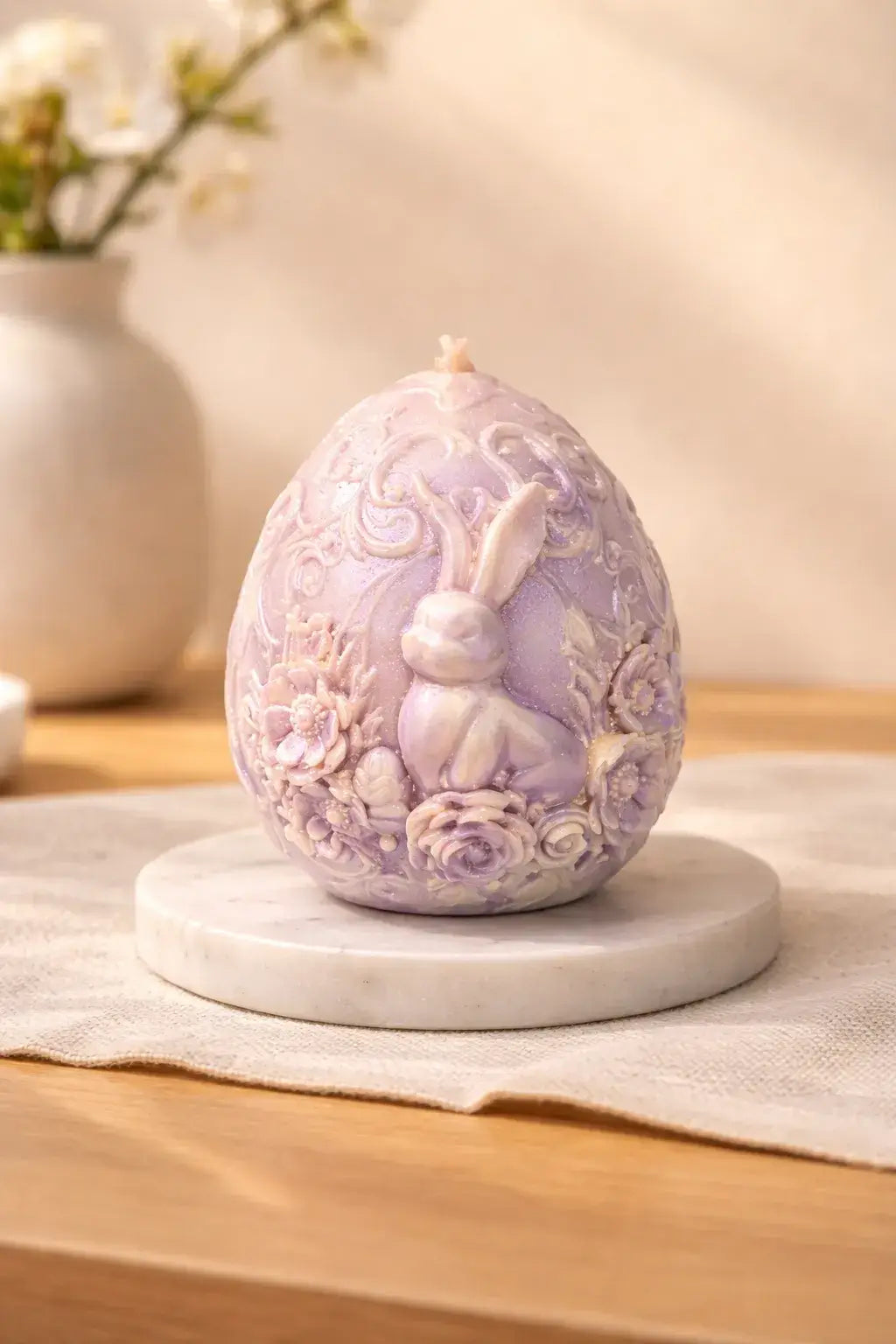 Bunny Egg Candle featuring a hand-carved bunny and pastel florals, perfect for Easter décor and spring styling.