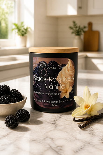 Black Raspberry Vanilla candle in a decorative Phoenix Crafted vessel.
