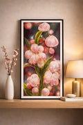 Blossom Glow Diamond Painting displayed on a shelf, featuring vibrant pink flowers and green leaves in a stylish setting.