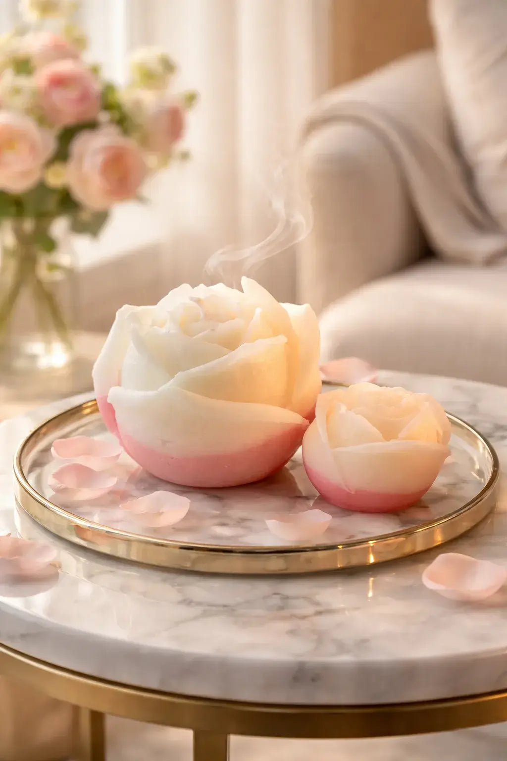 Decorative Bohemian Rose Candles displayed on a marble table, emitting soft smoke and surrounded by rose petals.