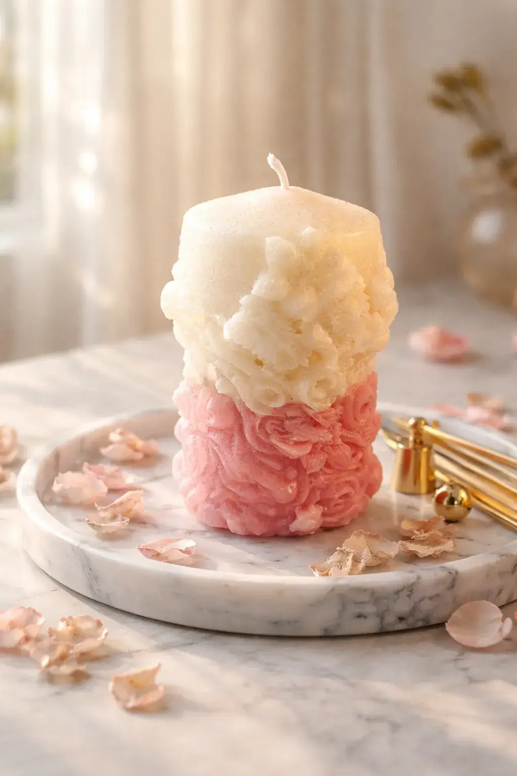 Decorative Bohemian Rose Candles with a floral design on a marble plate, surrounded by rose petals.