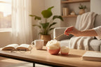 Person lighting Decorative Bohemian Rose Candles on a table, creating a warm and serene atmosphere in a cozy room.
