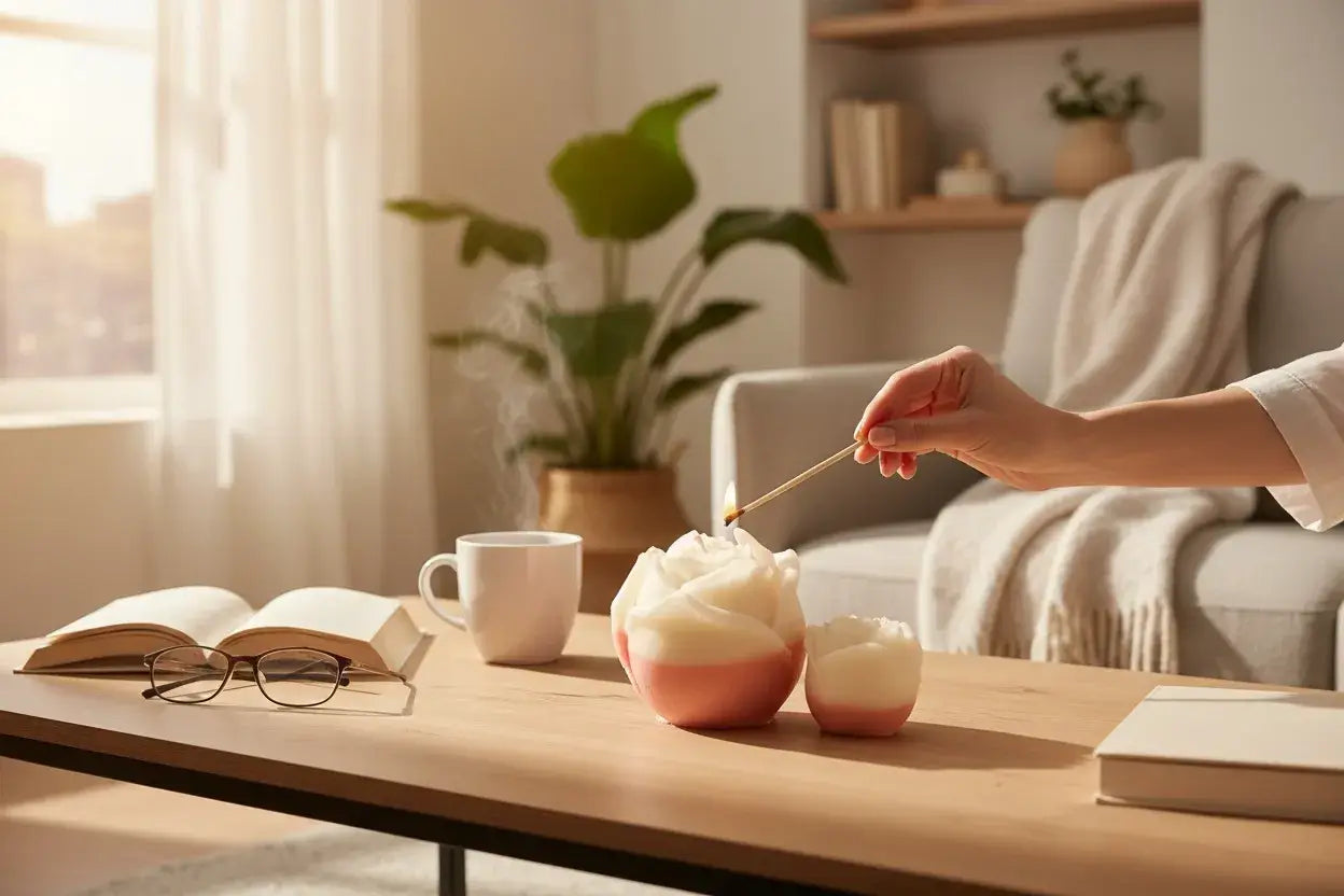 Person lighting Decorative Bohemian Rose Candles on a table, creating a warm and serene atmosphere in a cozy room.