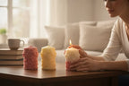 A woman lighting a Decorative Bohemian Rose Candle among three colorful candles on a wooden table.