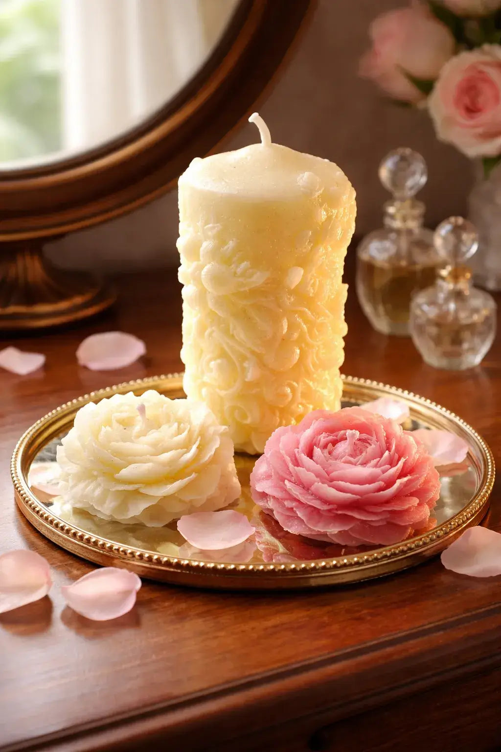 Decorative Bohemian Rose Candles displayed on a decorative tray with petals and perfume bottles in a serene setting.