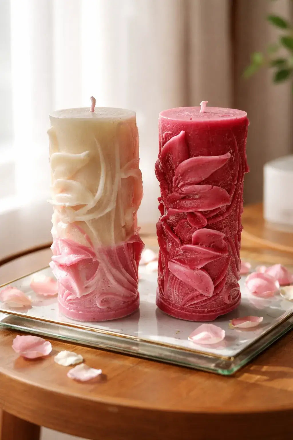 Decorative Bohemian Rose Candles on a glass plate surrounded by rose petals, creating a romantic atmosphere.