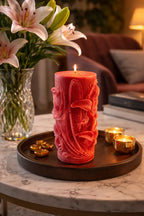 Decorative Bohemian Rose Candles on a stylish tray with flowers and soft lighting.