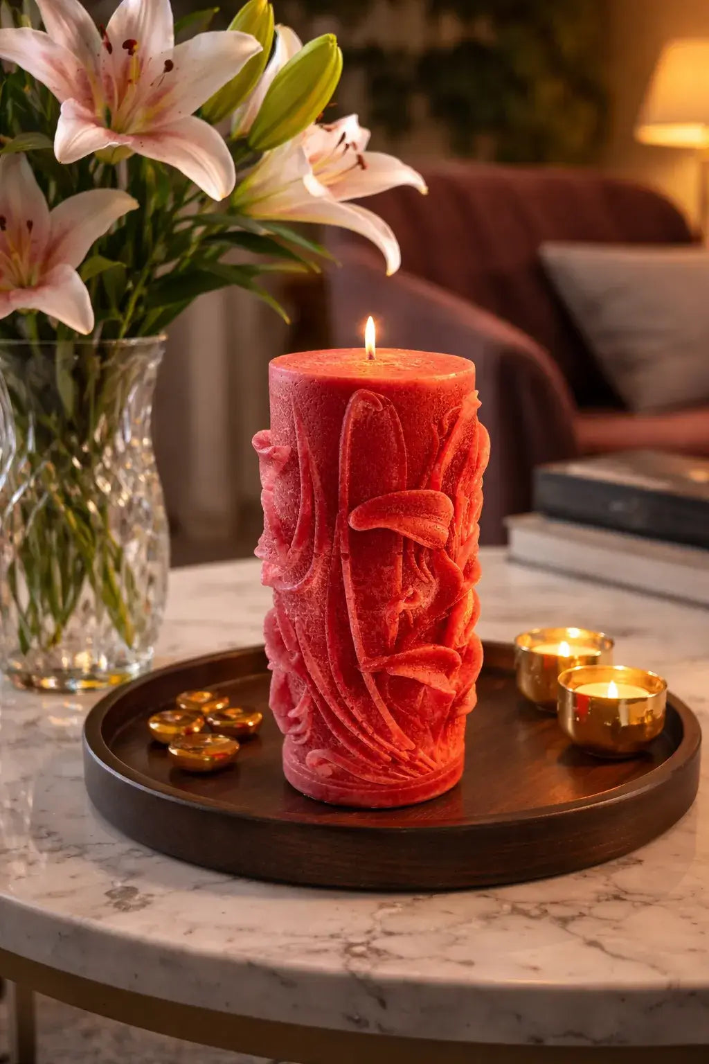 Decorative Bohemian Rose Candles on a stylish tray with flowers and soft lighting.