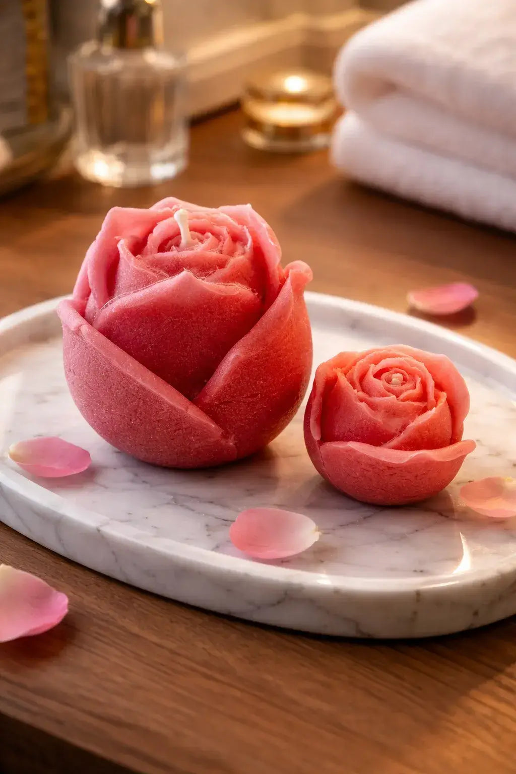 Decorative Bohemian Rose Candles on a marble tray with rose petals.