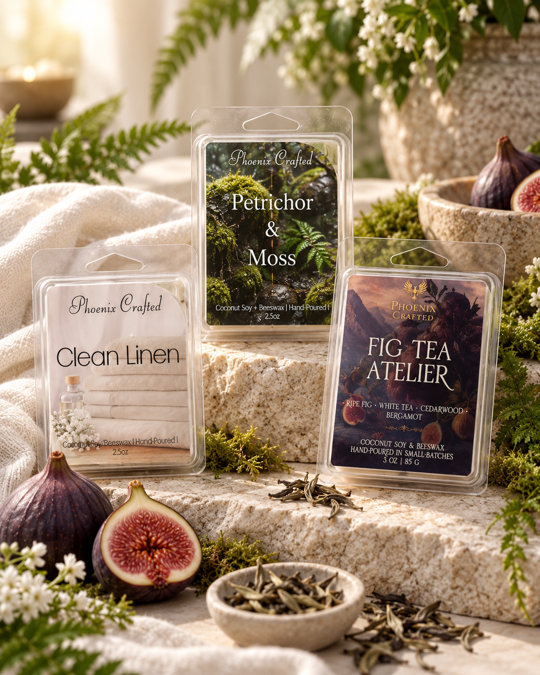 Botanical Sanctuary wax melt discovery set with Clean Linen, Petrichor & Moss, and Fig Tea Atelier.