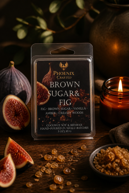 Brown Sugar & Fig wax melts in Phoenix Crafted packaging with fig, caramelized fruit, vanilla, and amber styling.