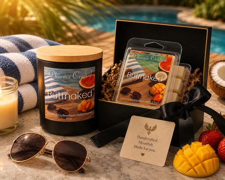Butt Naked candle and matching wax melts arranged together as a coordinated Phoenix Crafted gift set.