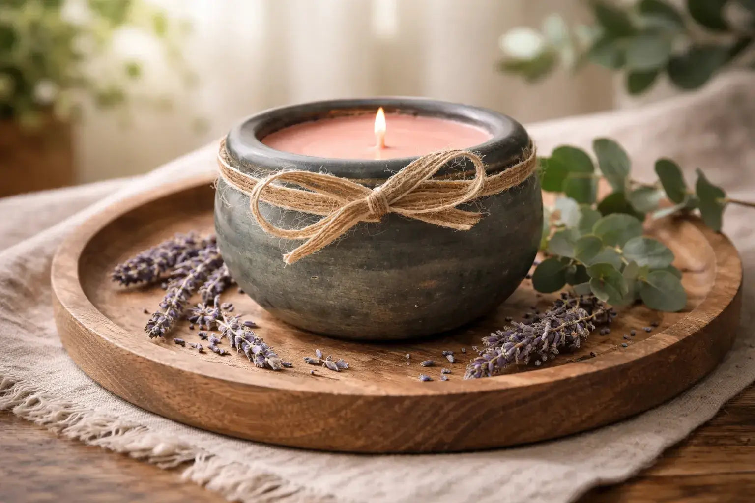Butterscotch & Bourbon Candle in a rustic bowl with lavender on a wooden tray, evoking a cozy ambiance.