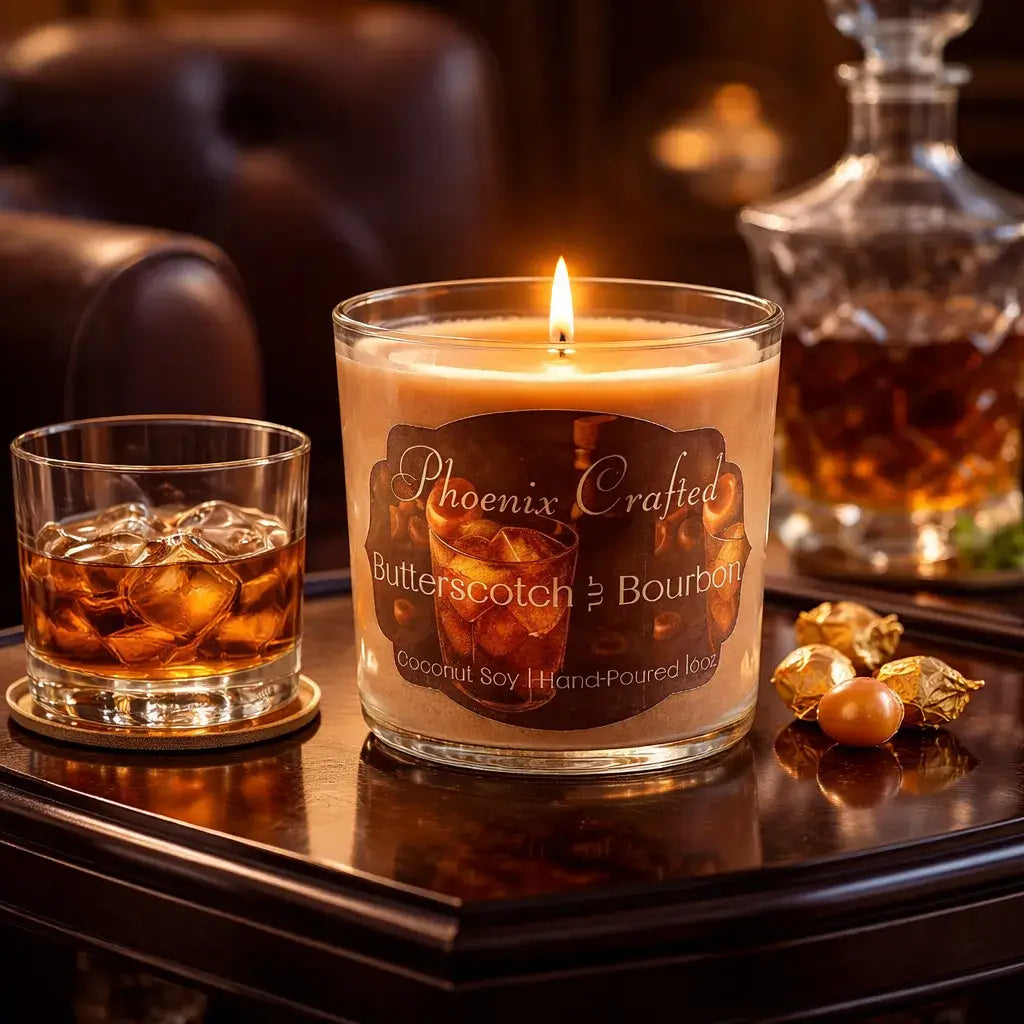 Butterscotch & Bourbon Candle with a flickering flame, alongside a glass of bourbon on a wooden table.