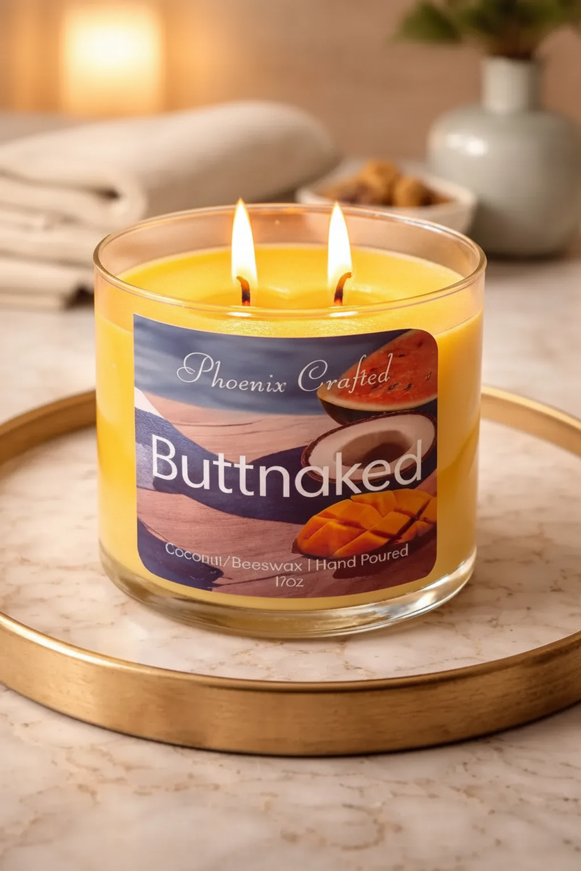 Yellow two-wick candle in a clear glass jar with a 'Phoenix Crafted' label reading 'Buttnaked' showing coconut and mango.