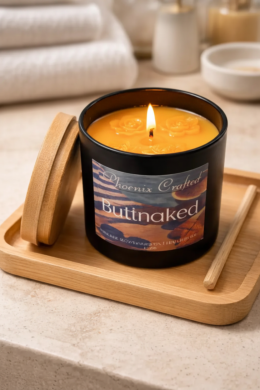 Butt Naked candle by Phoenix Crafted on a wooden tray with a lit wick.