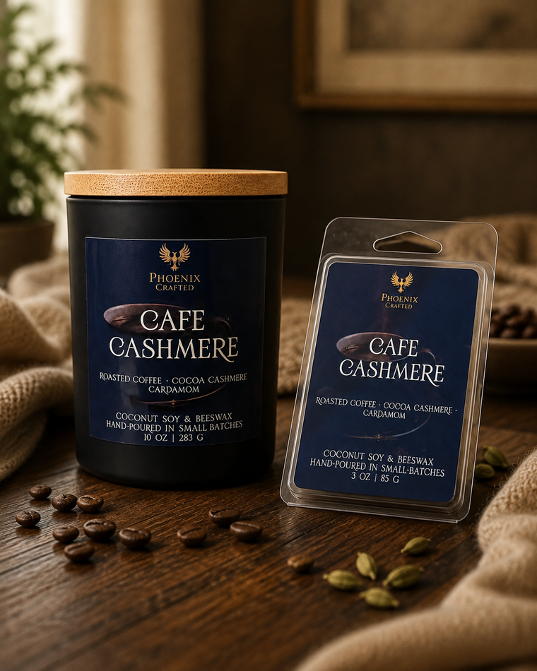 Café Cashmere candle and matching wax melts arranged together as a Phoenix Crafted gift set.