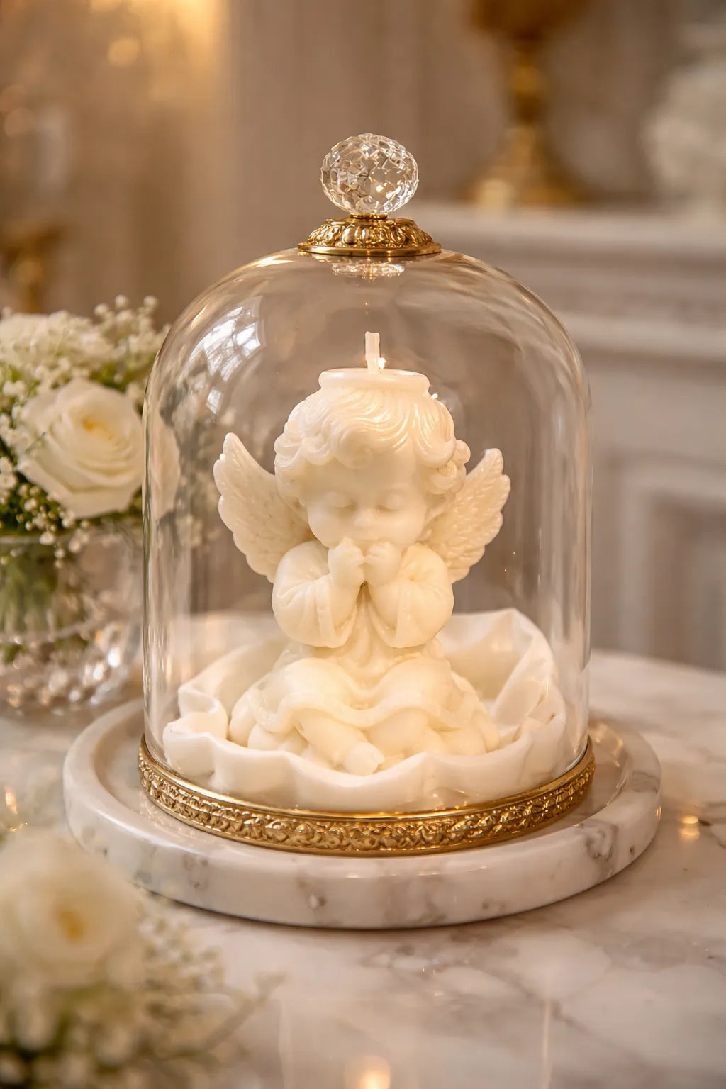 Decorative Caramel Apple Candles under a glass dome with angel figure, perfect for cozy autumn decor.