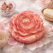 Caramel Apple Creme rose-shaped decorative candle with petals.
