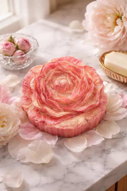 Caramel Apple Creme rose-shaped decorative candle with petals.