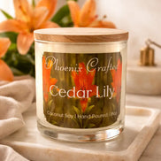Clear glass jar candle with wooden lid labeled 