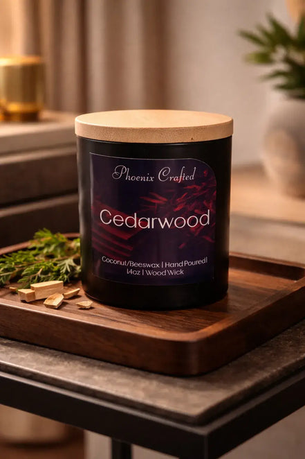 Black glass Cedarwood candle with a pale wooden lid on a rectangular wood tray with wood chips and greenery.