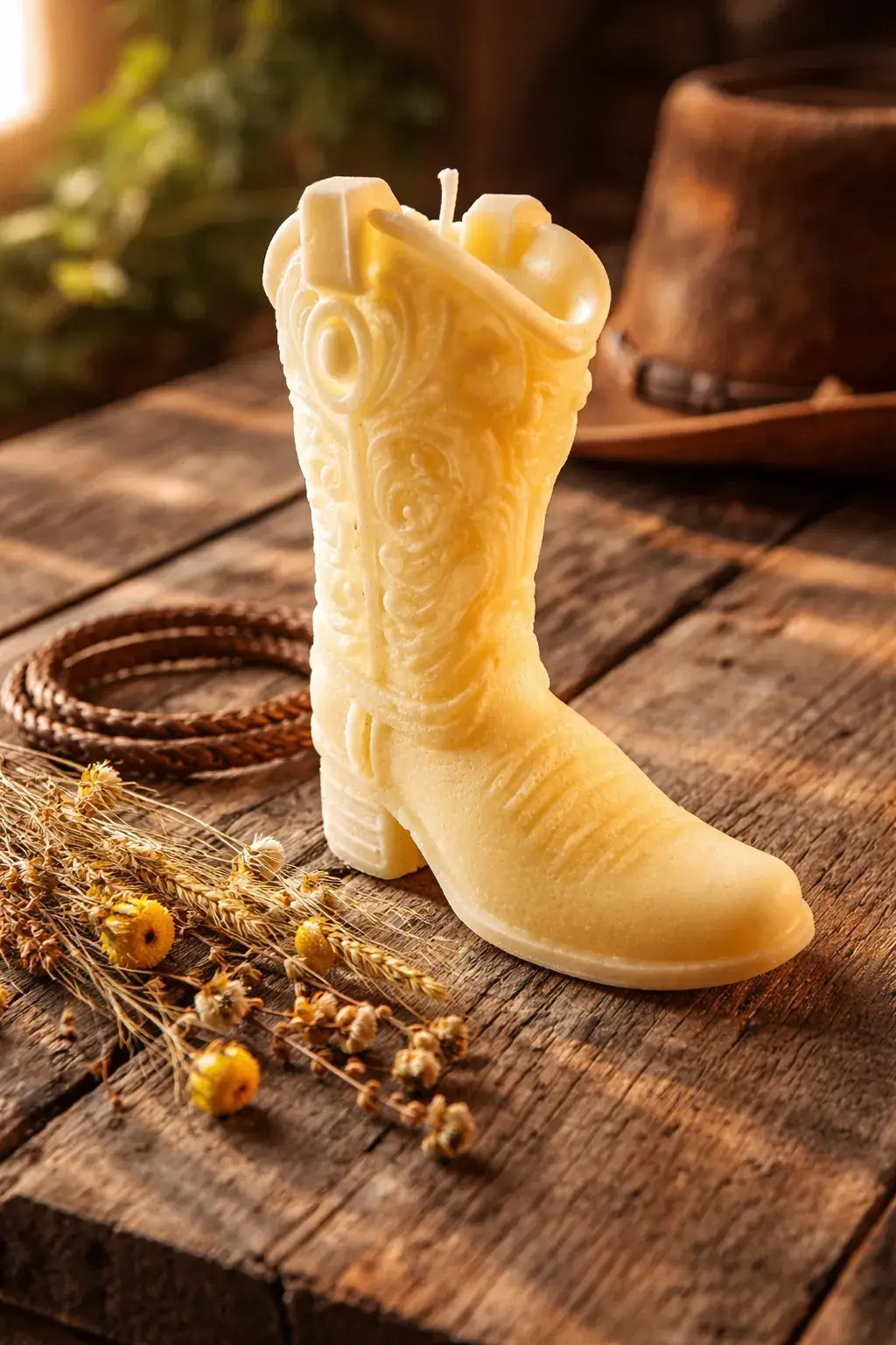 Decorative Cedarwood Candles in the shape of a cowboy boot on rustic wooden table with flowers.