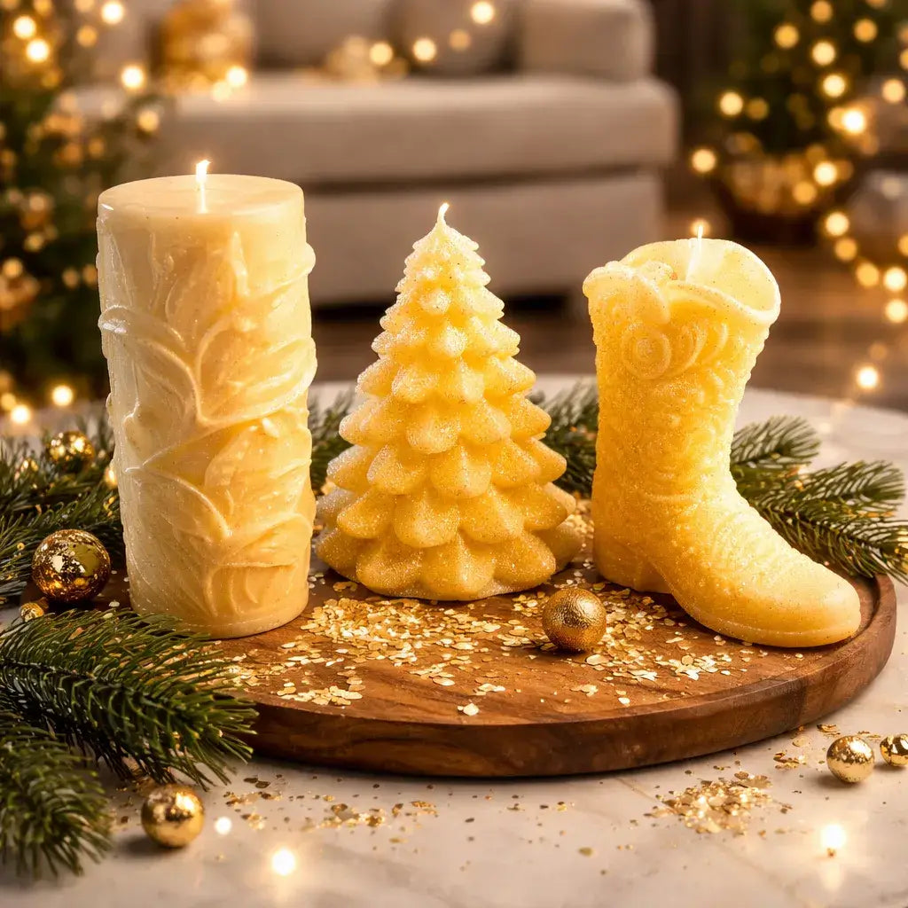 Decorative Cedarwood Candles arranged on a wooden platter with festive decorations and a cozy atmosphere.