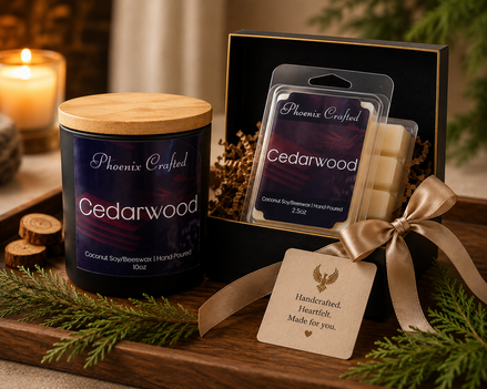 Cedarwood candle and matching wax melts arranged together as a coordinated Phoenix Crafted gift set.