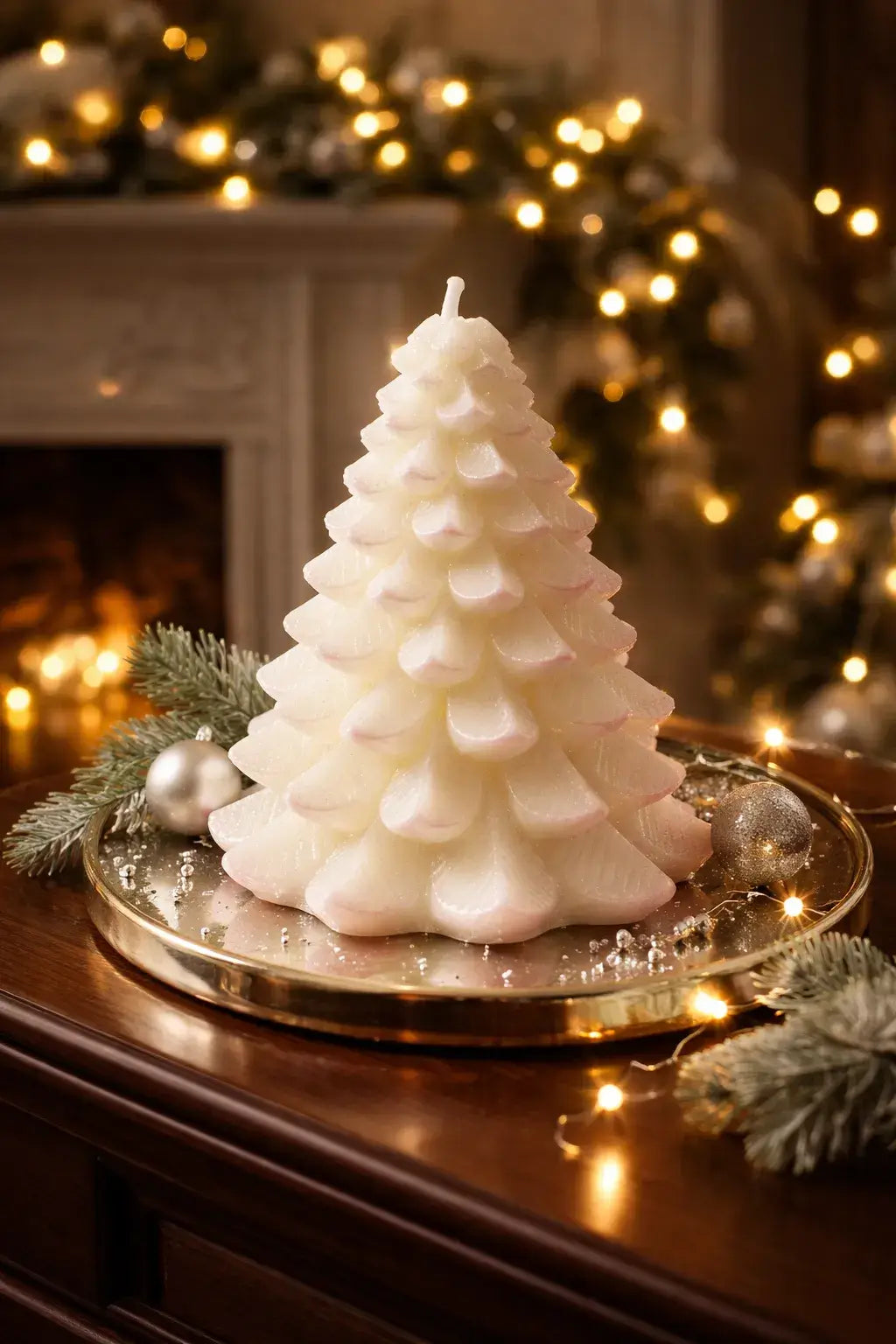 Decorative Cedarwood Candles in the shape of a Christmas tree, glowing warmly in a festive setting.