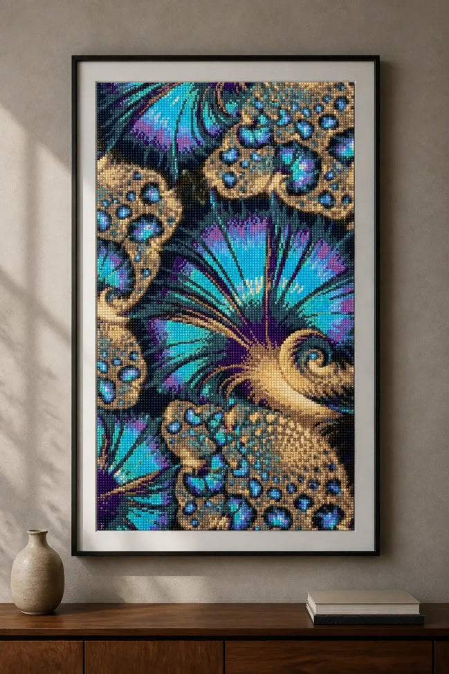 Celestial Currents Diamond Painting featuring jewel-toned abstract mosaic in gold, teal, purple, and midnight colors.