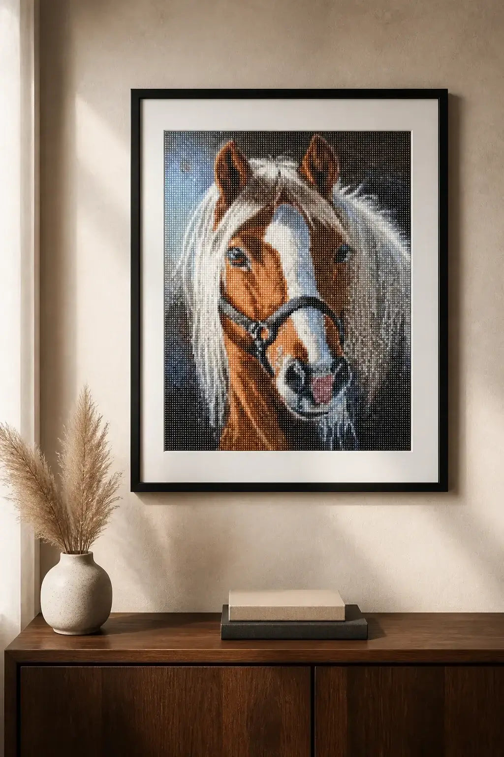 Chestnut Grace finished horse diamond artwork shown in a frame mockup; artwork is sold unframed.