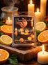 Clear clamshell pack labeled 'Phoenix Crafted Citrus Ritual' on a wooden tray, surrounded by halved oranges, lemons and several lit candles