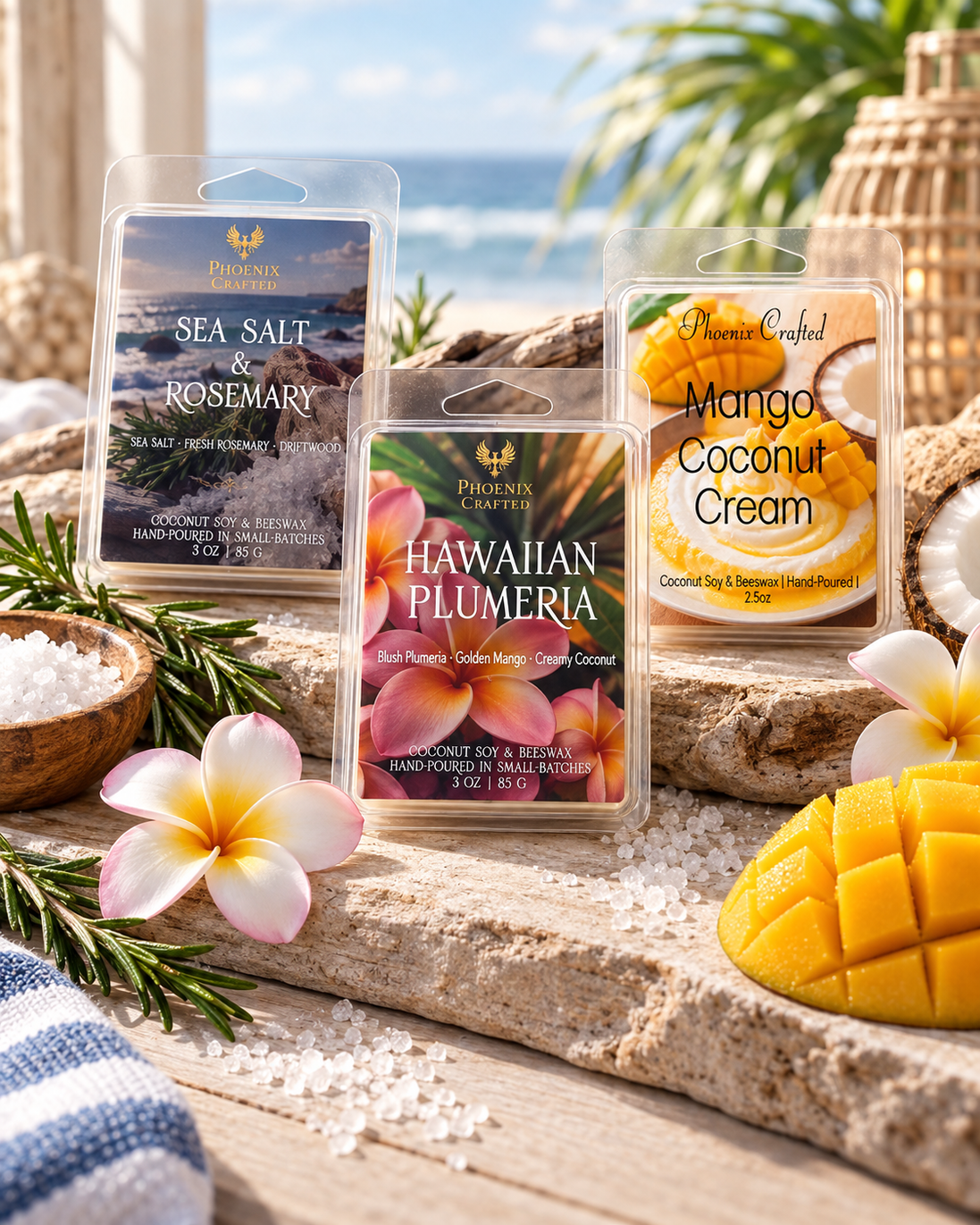 Coastal Escape wax melt discovery set with Sea Salt & Rosemary, Hawaiian Plumeria, and Mango Coconut Cream.