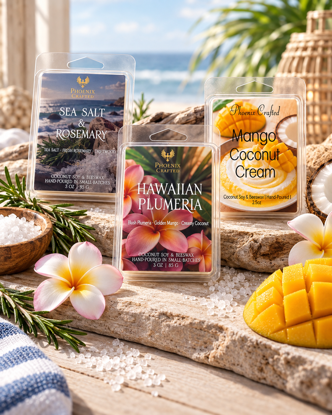 Coastal Escape wax melt discovery set with Sea Salt & Rosemary, Hawaiian Plumeria, and Mango Coconut Cream.