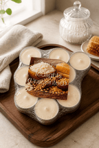 Unscented Coconut Soy & Beeswax Tealights packaged on a wooden tray with natural decor items.