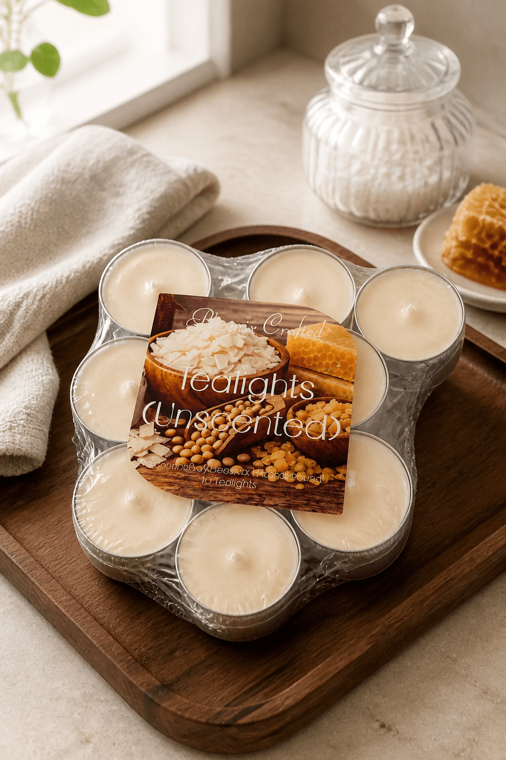 Wrapped pack of unscented tealights with cotton wicks on a wooden tray beside a coconut-and-honeycomb product card.