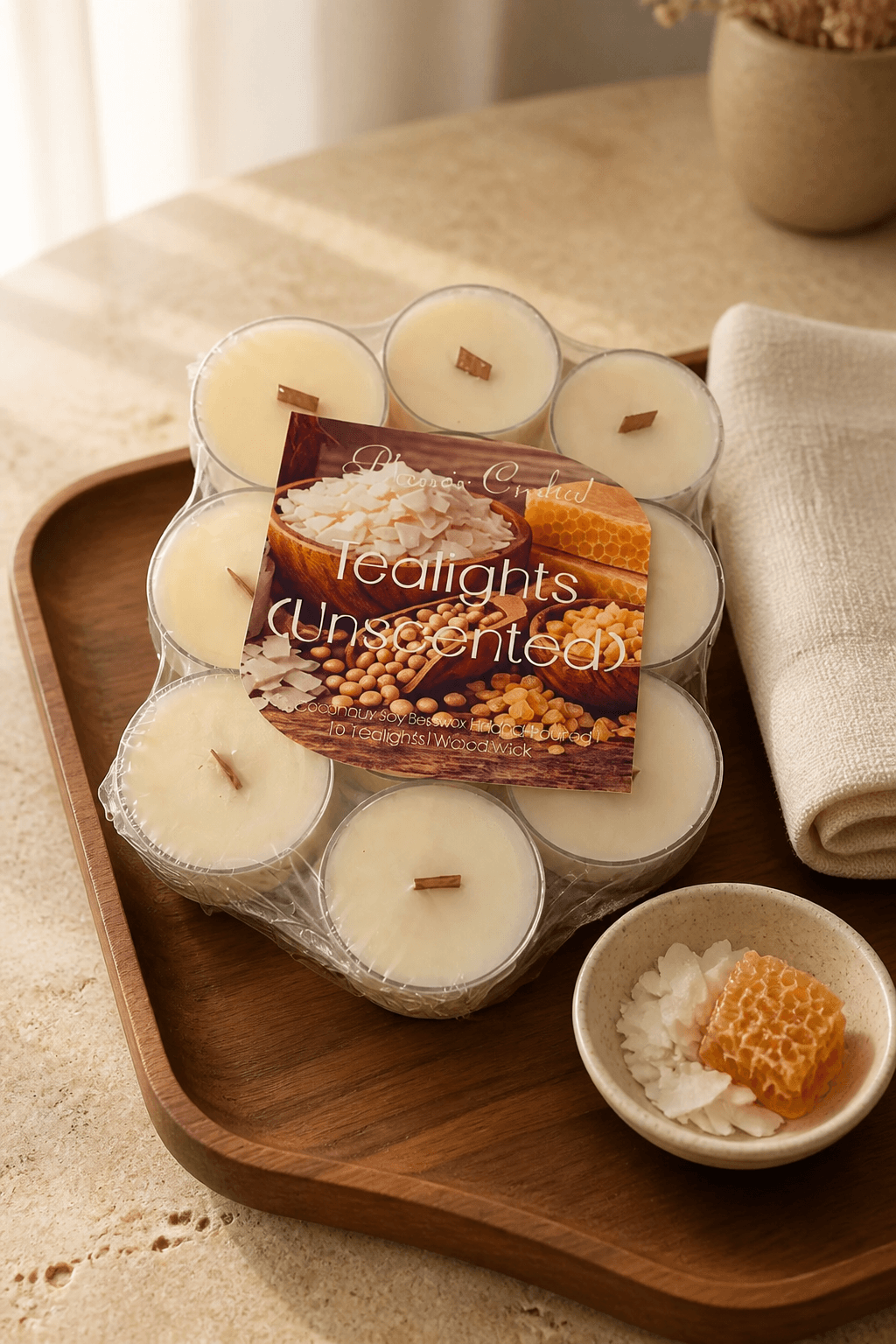 Wrapped pack of unscented tealights with short wood wicks on a wooden tray beside a honeycomb and coconut-themed card.