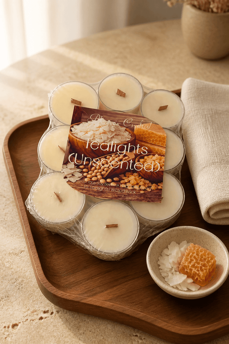 Wrapped pack of unscented tealights with short wood wicks on a wooden tray beside a honeycomb and coconut-themed card.