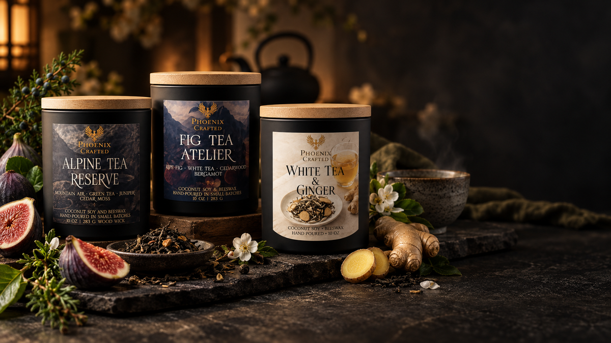 Phoenix Crafted Alpine Tea Reserve, Fig Tea Atelier, and White Tea & Ginger candles styled with tea, fig, ginger, and botanicals.