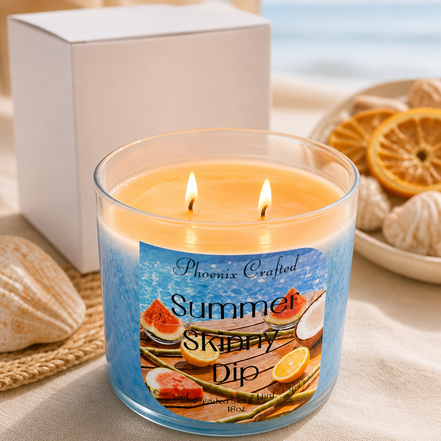 Summer Skinny Dip candle from Phoenix Crafted with tropical fruit and vanilla scents, perfect for summer.