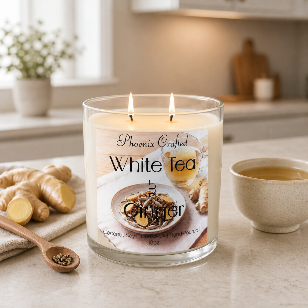 White Tea & Ginger candle by Phoenix Crafted in a serene kitchen setting with ginger root and tea cup.