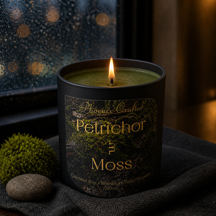 Lit candle in a matte black cylindrical vessel with green wax and a gold 'Petrichor & Moss' label.